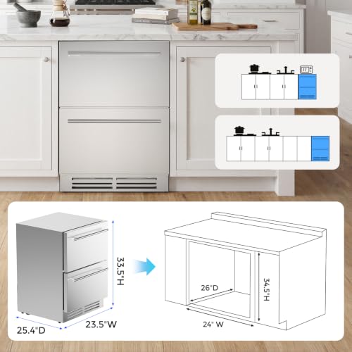 Image of Coolake 24″ Outdoor Drawer Refrigerator for Patio, 5.3 Cu.ft Under Counter Drawer Beverage Cooler, Stainless Steel Built-in or Freestanding Beverage Fridge for Backyard Kitchen Home Bar