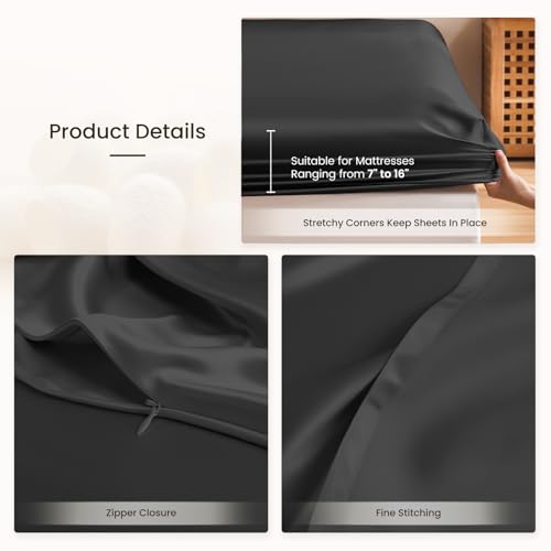 THXSILK 6A+ Top Grade 100% Pure Mulberry Silk King Fitted Sheet 3Pcs Set Bed Sheets Luxury Bedding for Hair and Skin Breathable Cooling Safe Material, 1 Fitted Sheet with 2 Pillowcases, Black - Image 7