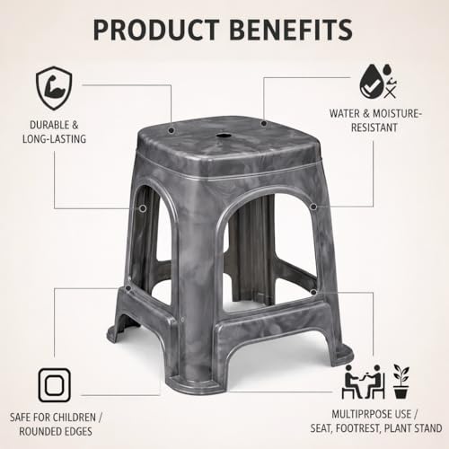 Image of PulGos Pack of 1 Grey Plastic Sitting Stool for Home, Office & Outdoor Use | Compact, Lightweight & Durable Stool for Adults & Kids | Use as Footrest, Side Table, Extra Seating for Living Room