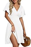 AUSELILY Damen Kleid Sommer Strandkleid Rüschenärmeln V Ausschnitt Elastischer Taille und Taschen Swing Urlaubskleid Weiß L