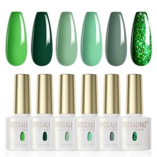 ROSALIND Esmaltes Semipermanentes Para Uñas Verde,6 Colores Verde Oscuro Verde Claro Green Glitter,Pintauñas Semipermanentes Soak Off UV/LED Gel Uñas Diy Manicura Nail Art Set