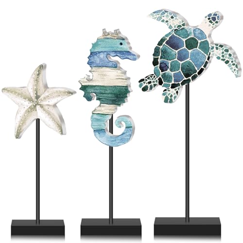 Tradder 3 Pcs Summer Ocean Tabletop Decor Standing Sea Turtle Starfish Seahorse Block Wooden Table Centerpiece Sign Coastal Beach Nautical Table Decor for Home Kitchen