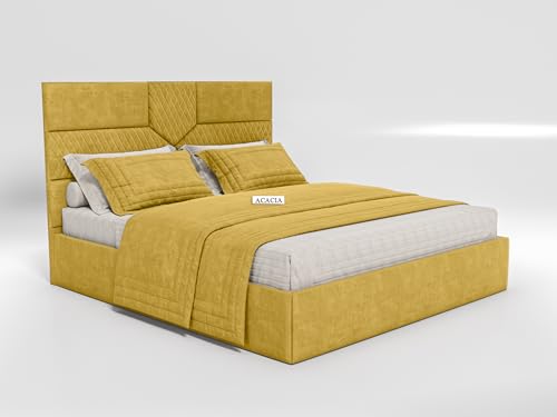Image of Acacia Modern Upholstered King Size Bed with Box Storage for Bedroom | Wooden Double Bed with Storage | Platform Cot Bed with Upholstery Premium Fabric | 6.5 x 6 Ft | Sheesham Wood (Butter Yellow)