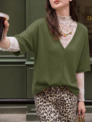 Image of Saodimallsu Womens V Neck Half Sleeve Cardigan Sweaters Summer Knit Tops | Oversized Fit, Button Down, Batwing Sleeve, Soft Lightweight Knitted Fabric, Trendy Casual Style, Summer Fall Outfits