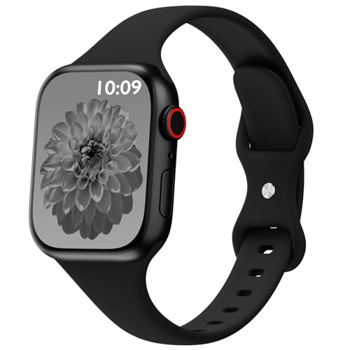 DYKEISS Sport Slim Silicone Band Compatible for Apple Watch Band 38mm 42mm 40mm 44mm, Thin Soft Narrow Replacement Strap Wristband for iWatch Series 5/4/3/2/1 Women & Men (Black, 42mm/44mm)