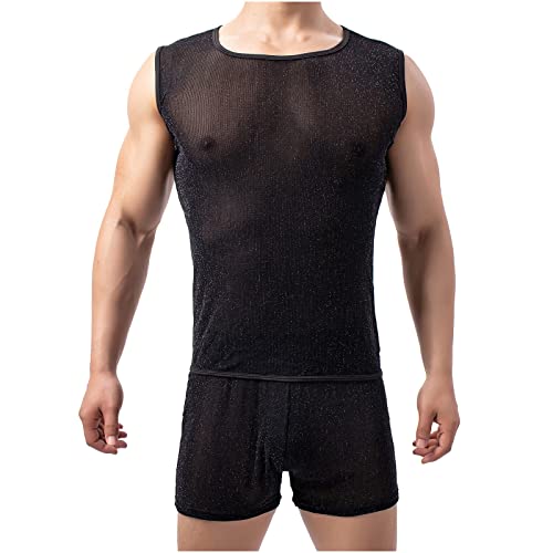 Kbndieu Men's Pullover Tank Tops Perspective Breathable Sleeveless Tshirts Wide Shoulder Muscle Vest Round Neck Shirts #TOP20