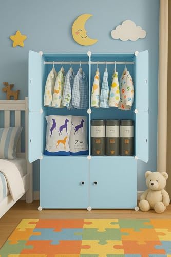 Image of Sunderlook Plastic Wardrobe for Kids Clothes - Professional Collapsible Wardrobe, Easy to Use Foldable Almirah, Plastic Cupboard for Kids for Home (Blue-Z3, 6 Door)