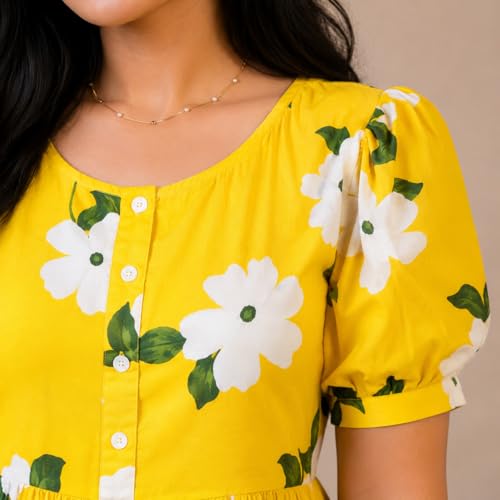 Image of Women's Floral Printed Rayon Tiered Midi Dress | Summer Comfortable Yellow Flare Kurti Lightweight Use Summer Outfit for Girls & Women