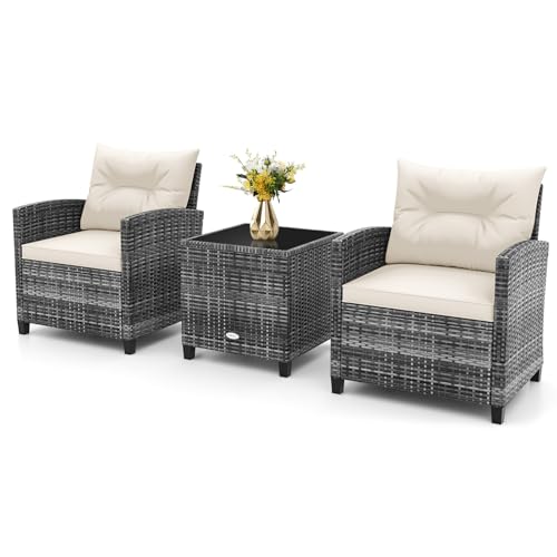 COSTWAY 3 Pieces Patio Rattan Bistro Set, Metal Frame Garden Coffee Table and Sofa Chairs Set with Cushions, Outdoor Furniture Wicker Conservatory Set for Balcony Yard Poolside (White)