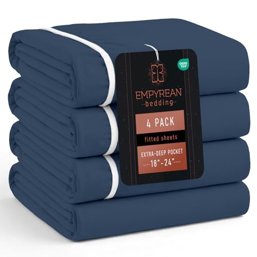 Empyrean 4 Pack Navy Blue Fitted Sheet Extra Deep Pocket, Hotel Luxury Cal King Fitted Sheet Only Easily Fits 18 to 24 Inch Mattress, Super Soft, Wrinkle-Free and Breathable with Corner Straps