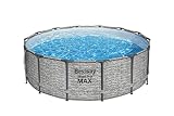 Bestway Steel Pro MAX Frame Pool Komplett-Set mit Filterpumpe Ø 427 x 122 cm, Steinwand-Optik (Cremegrau), rund
