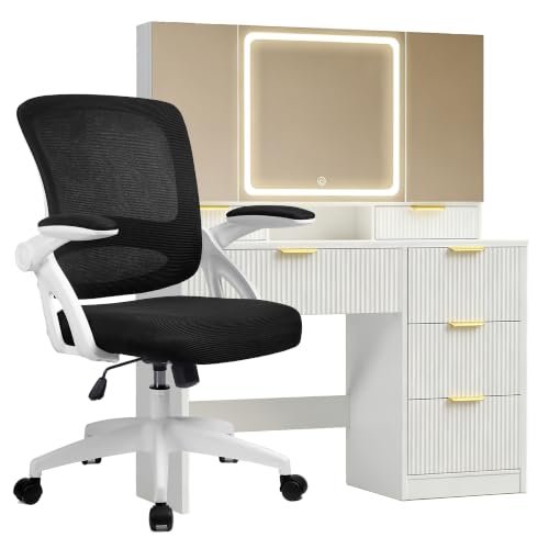 Image of COMHOMA Office Chair Ergonomic Desk Chair Mesh Computer Chair with Flip Up Armrest,Mid Back Task Home Office Chair,Swivel Chair with Smooth Casters,White&Black