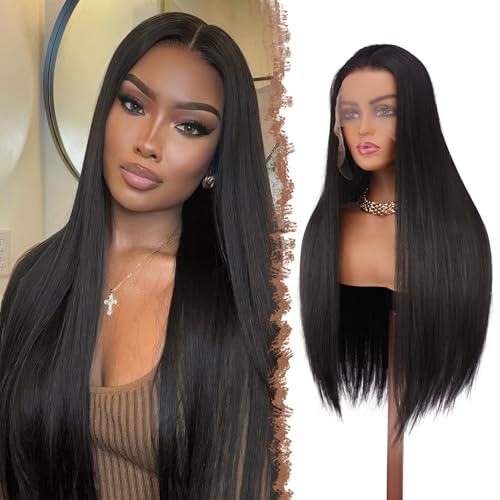 FESHFEN Pelucas Pelo Largo Liso - 13x4 Lace Front Peluca para Mujeres Negro Natural Pelucas Sintético Resistente al Calor Pre Desfilada Wig para Diaria y Fiestas, 75 cm