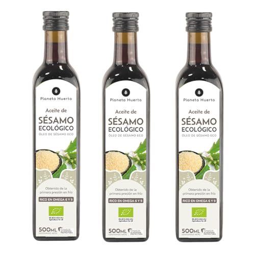 PLANETA HUERTO | Pack 3x Aceite de Sésamo Virgen 500 ml,100% Natural, Prensado en Frío, Rico en Omega 6 y Omega 9 - Aceite de Sésamo Apto para Cocina Asiática, Dietas Saludables y Cuidado de la Piel