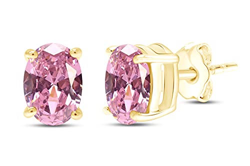 Birthstone Solitaire Stud Earrings for Women, 8x6mm Oval Cut Simulated Gemstone Studs in 14K Yellow Gold Plated 925 Sterling Silver Push Back Earrings, Jewelry Gift for Her
