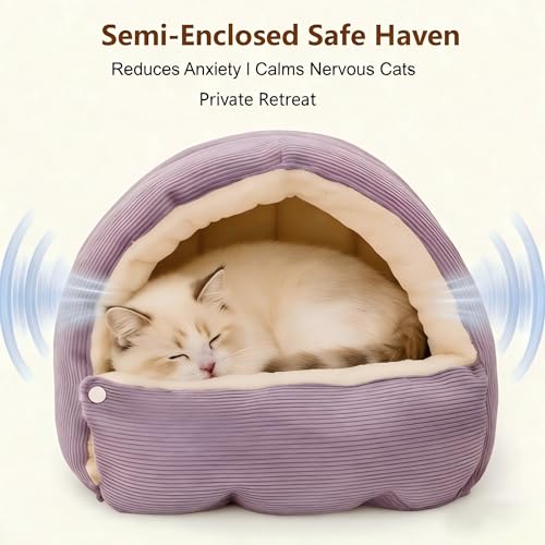 Cat Cave Bed with Hood - Indoor Cat Bed for Cats, Soft Cat Sleeping Bag, Pet Cave for Cats, Detachable Design (Purple, 22inch) by FZM - Image 3
