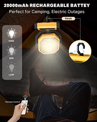 Image of Portable Rechargeable Fan 70Hrs 20000mAh 9-Inch with Auto Oscillating /Remote /Timer /LED Light, Camping Fan for Tent, Travel, Worksite, Poweroutage, Strong Hurricane, Cordless Fan, Battery Operated Fans