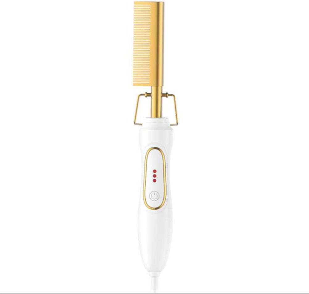 SUYOOULIN Hot Comb Hair Straightener, AC110V Flat Irons Straightening Brush Heating Comb Hair Curler Comb Beard Straightener for Women and Men (White+Gold)