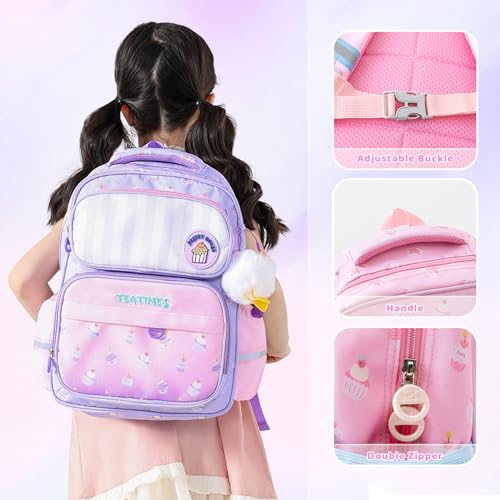 Kids School Backpack For Age 4-7 Girls Waterproof Oxford Bookbag with Chest Buckle & Plush Charm - Purple Cute Cupcake Design3