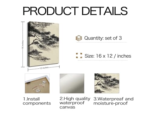 Image of Frimeeme Vintage Sketch Pine Tree Framed Canvas Wall Art Set of 3,12x16 In | Antique Wilderness Forest Wall Decor, Nature Botanical Landscape, Modern Landscape Prints for Living Room Bedroom