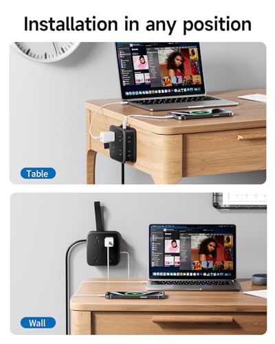 NTONPOWER Regleta 2 Prong, Adaptador de 2 a 3 Prong, Cable de Extensión 5 ft, 1875W/15A, Enchufe Giratorio 180°, 8 Tomas, 3 USB (1 USB C), Montaje en Pared para Casa Antigua, Dormitorio, Oficina Negro miniatura 5