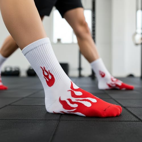 Image of Pack of 5 Flame Pattern Crew Socks | Colorful Fire Design Crew Length Cotton Socks for Men & Women | Breathable, Soft & Durable | Casual, Gym & Streetwear Socks | Multicolor
