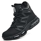 KOIFISH Winter Steel Toe Work Boots for Men Women, Waterproof Warm Fur Lined Safety Boots, Steel Toe Shoes with Air Cushion, Comfortable for Industrial Construction Warehouse Factory Logistics,Black