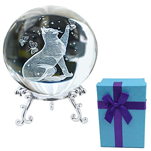 FAICOIA 3D Cat Crystal Ball for Christmas Figurine Glass Laser Engraved 60mm Crystal Ball with Stand Decorative Sphere Glass Ball Paperweight Art Crystal Gifts for Cat Lovers Women 2.5in Clear