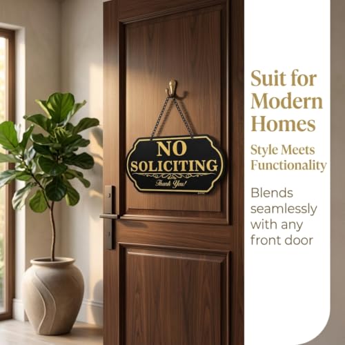 Image of No Soliciting Sign for Front Door, 10 x 5 Inch Aluminum Metal Hanging Door Sign with Chain, UV Printed Weatherproof No Soliciting Door Plaque for Home, Office, Porch, Wall or Fence