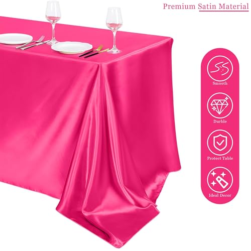 Image of TURSTIN 4 Packs Hot Pink Satin Tablecloth 102 x 58 Inch Overlay Satin Table Cover Rectangle Bright Silk Tablecloth Smooth Fabric Table Decoration for Wedding Banquet Party Events