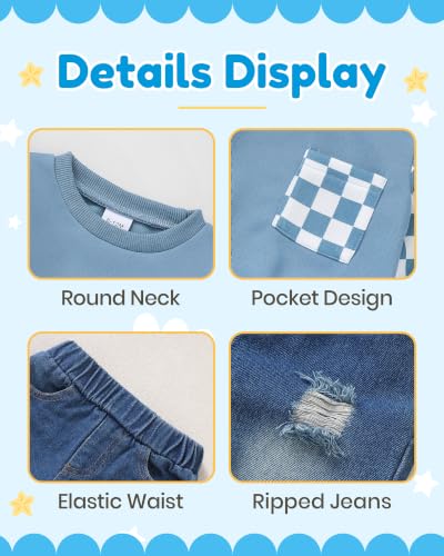Image of NZRVAWS Toddler Baby Boy Clothes Pullover Sweater Ripped Jean Sweatsuit Little Boy Outfit Fall Winter Clothing Set 6M-7T