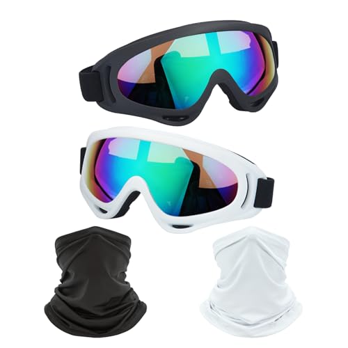 Image of LJDJ Motorcycle Goggles,2 Pack Dirt Bike ATV Motocross Riding Hiking Protective with 2 Pack Neck Breathable Bandana Mask (Black+White /Colorful)