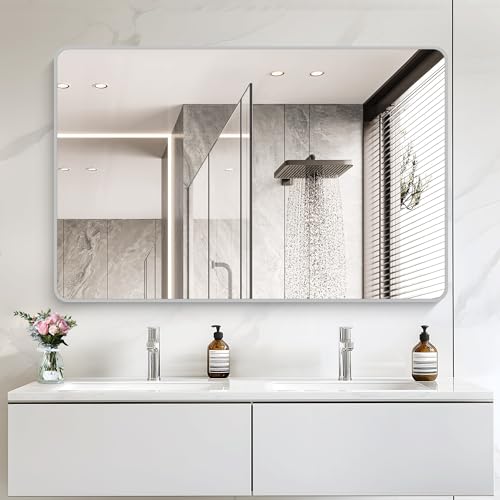 Image of 55x36 Inch Silver Bathroom Mirror, Large Rectangular Vanity Mirror, Metal Framed Rectangle Mirror, Rounded Corner Wall Mounted Mirrors for Living Room Bedroom Entryway Horizontal or Vertical