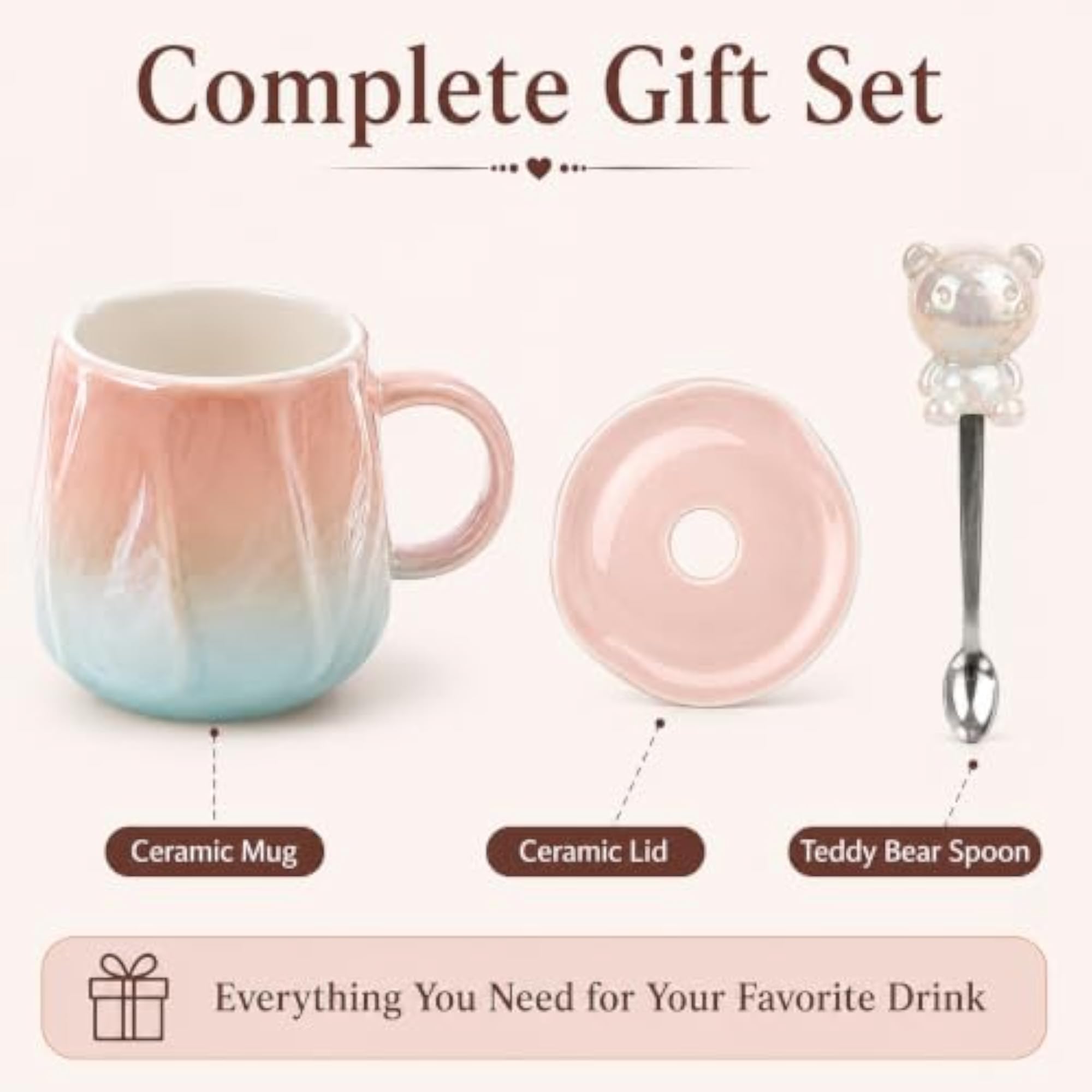 Ceramic Coffee Mug with Lid & Spoon, Gradient Design