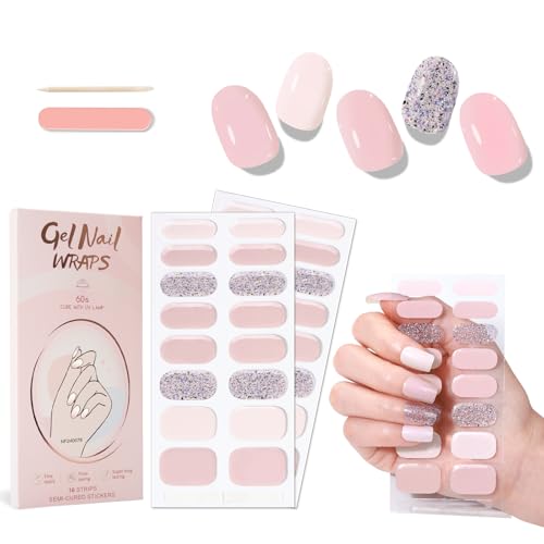 WOKOTO 2 Sheets Semi Cured Gel Nail Strips (Pink & Glitter)-16 Pcs Per Sheet Gel Nail Stickers | Gel Nail Wraps | UV Light Required, Salon Quality, Real Nail Polish Strips Stick On Nails Kit