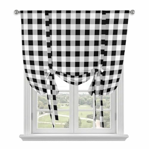 Tie Up Curtains for Kitchen Windows,Modern Black White Grey Plaid