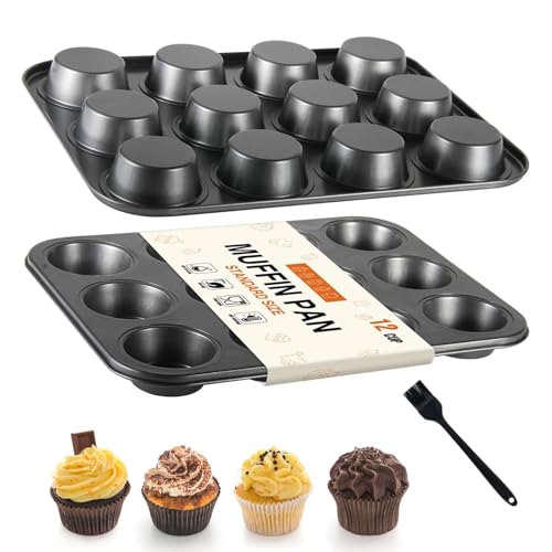 OAMCEG12 Cup Nonstick Muffin Tray Set of 2 - Carbon Steel Baking Tin with Silicone Brush - Non Stick Oven Tray for Cupcake Moulds, Pudding, Yorkshire, Mini Cake, Family Baking, Kids, Gifting