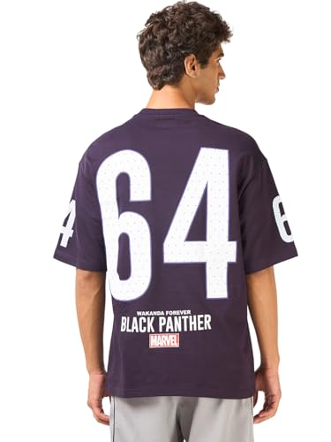 Image of Bewakoof Heavy Duty 1.0 Official Marvel Merchandise Black Panther Men's Graphic Print Oversized Fit Half Sleeve Round Neck Cotton T-Shirt