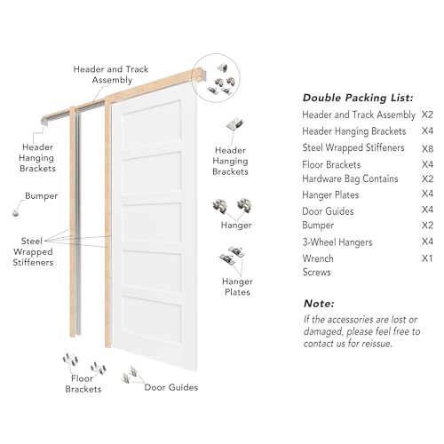 Image of Sliding Pocket Door, 64 inch(2 x 32) x 80 inch, 5-Panel Core with Frame and Hardware Kit Set, Interior Doors for Pocket Door, White Primed - No Panel Assembly Required