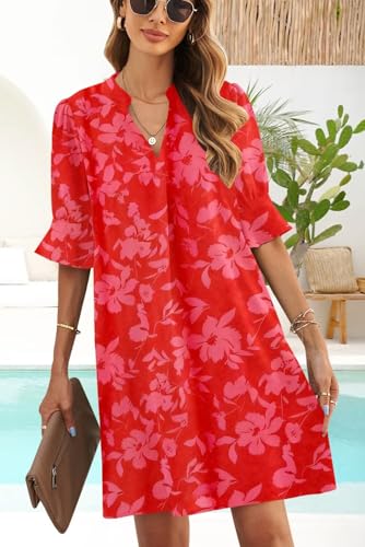 Image of QACOHU Summer Dresses for Women V Neck Ruffle Short Sleeve Casual Shift Dress