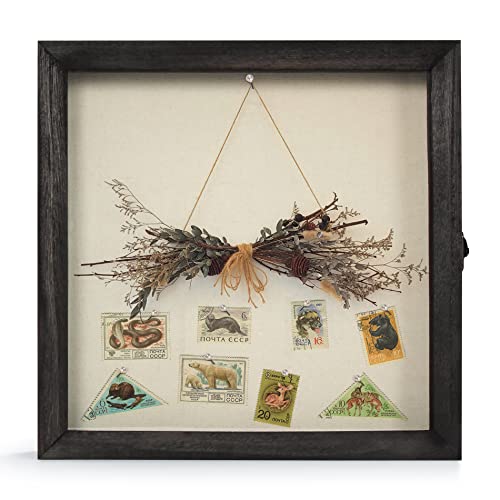 Image of TJ.MOREE Shadow Box 11x11 Memory Display Case Wooden Picture Frame Black | Fits 9.4x9.4 Inserts with Linen Back Rustic Keepsake Box with Glass for Pet Memorabilia Gifts Wedding Bouquet Military Medals