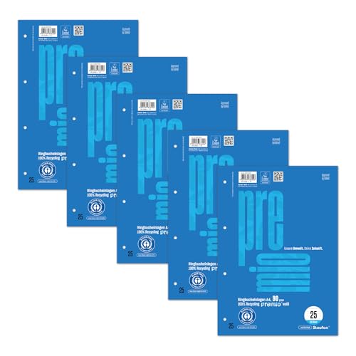 Staufen premio Ringbucheinlagen - 5 Blöcke je 50 Blatt, DIN A4, Lineatur 25 (9 mm liniert mit Rand), 4-fach Lochung, 90 g/m² Recyclingpapier