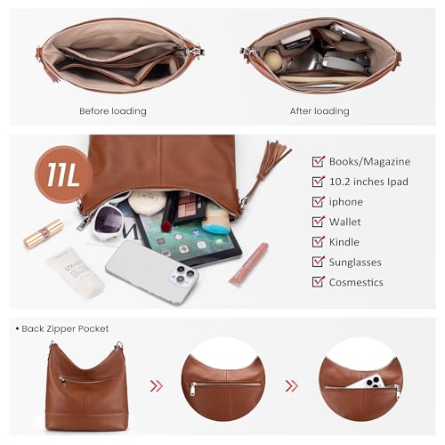 Image of Genuine Leather Hobo Crossbody Bag for Women, Soft Real Leather Bucket, Shoulder Handbag Purse with 2 Removable Strap