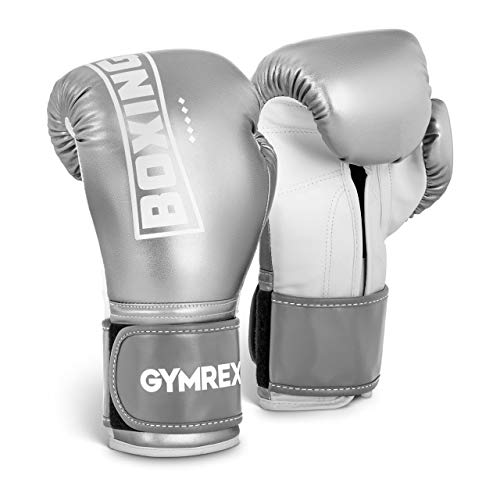 Gymrex Guantoni da Boxe Guanti Pugilato GR-BG 12BP (12 oz, Argento Metallizzato, Bianco, Pelle Sintetica)