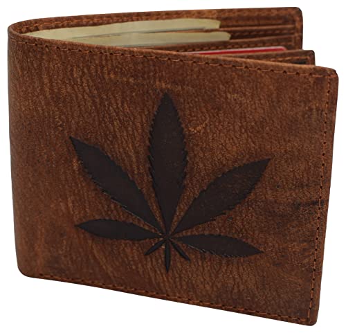 MARSHAL RFID Blocking Real Leather Slim Bifold Wallet Center ID Flap Window Engraved Logos Front Pocket Wallet for Men (Marijuana)4