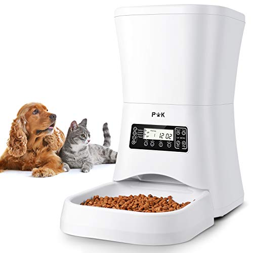 PUPPY KITTY Comedero automático, comedero Temporizador de 4L para Perros y Gatos, con Tono de dispensación Personalizado, Control de porciones, 1-5 Comidas, Cuenco de Acero Inoxidable. (Blanco1)
