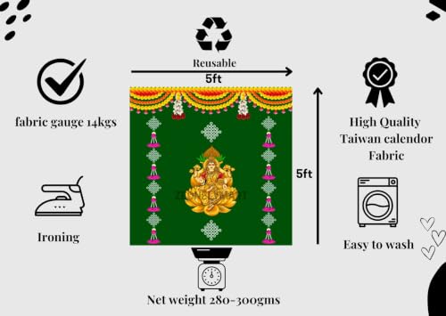 Image of varalakshmi Pooja decorationss backdrops | Lakshmi Green Home Mandir Wall Decoration backdrops 5x5 Feet | laxmi poojas Decorations | poojas backdrops for Decorations