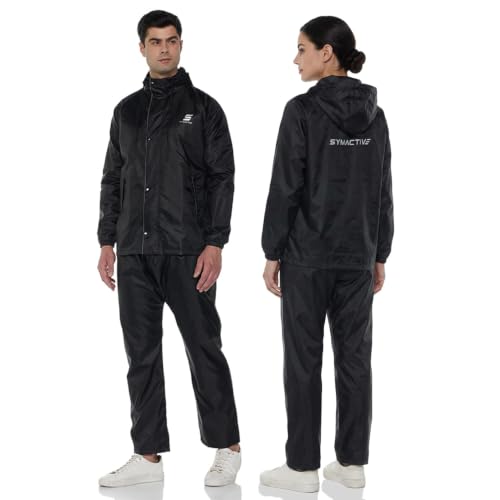Image of Amazon Brand - Symactive Raincoat with Jacket, Pants, Hood and Carry Bag | Polyester Shell with Heat Sealed PVC Lining | Inner Mobile Pocket | Plastic Peak Hood | Unisex, Black, S