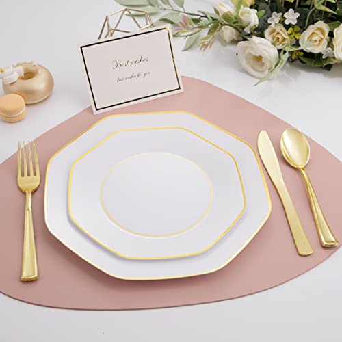 Ciaell 125PCS White and Gold Plastic Plates - Disposable Gold Plastic Plates & Gold Plastic Silverware include 50Plates, 25Knives, 25Forks, 25Spoons for Wedding & Party - Thumbnail 2