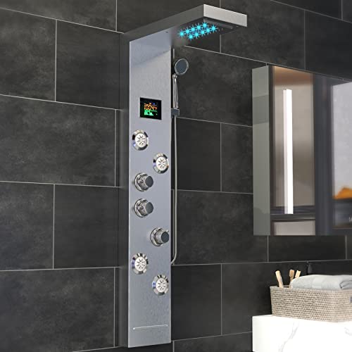 Cheersoon Led Shower Panel,Stainless Steel Shower Tower System With Auto Thermostatic Valve,Wall-Mount Complete Shower Column With 5 Function,Brushed Nickel #TOP5